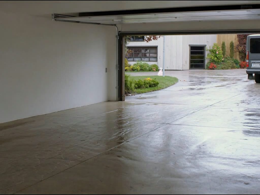 Intérieur de garage avec plancher de béton fraîchement lavé et débarrassé des taches d'huile et de calcium